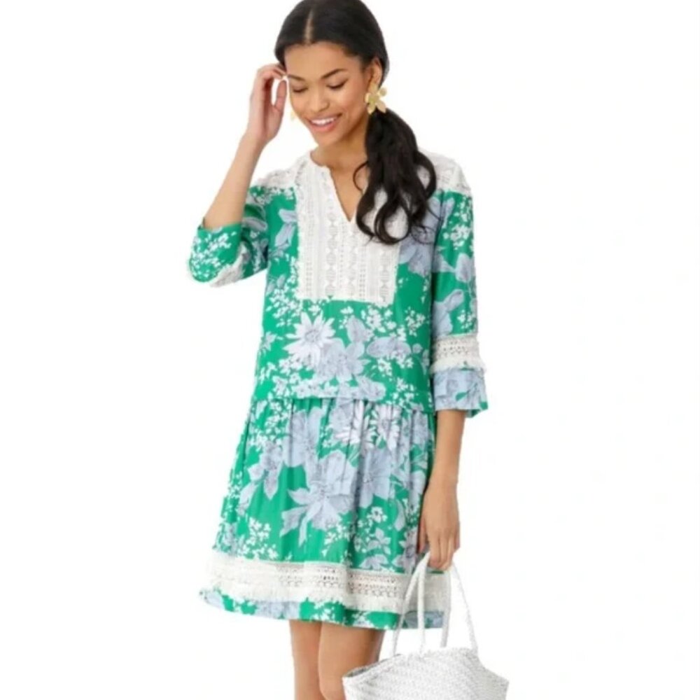 Tuckernuck Green and White Floral Long-Sleeve Dress